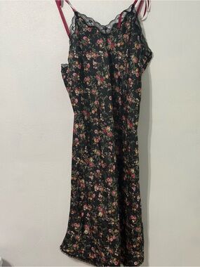 Vintage Black Floral Lace-Trim Slip Dress size Large